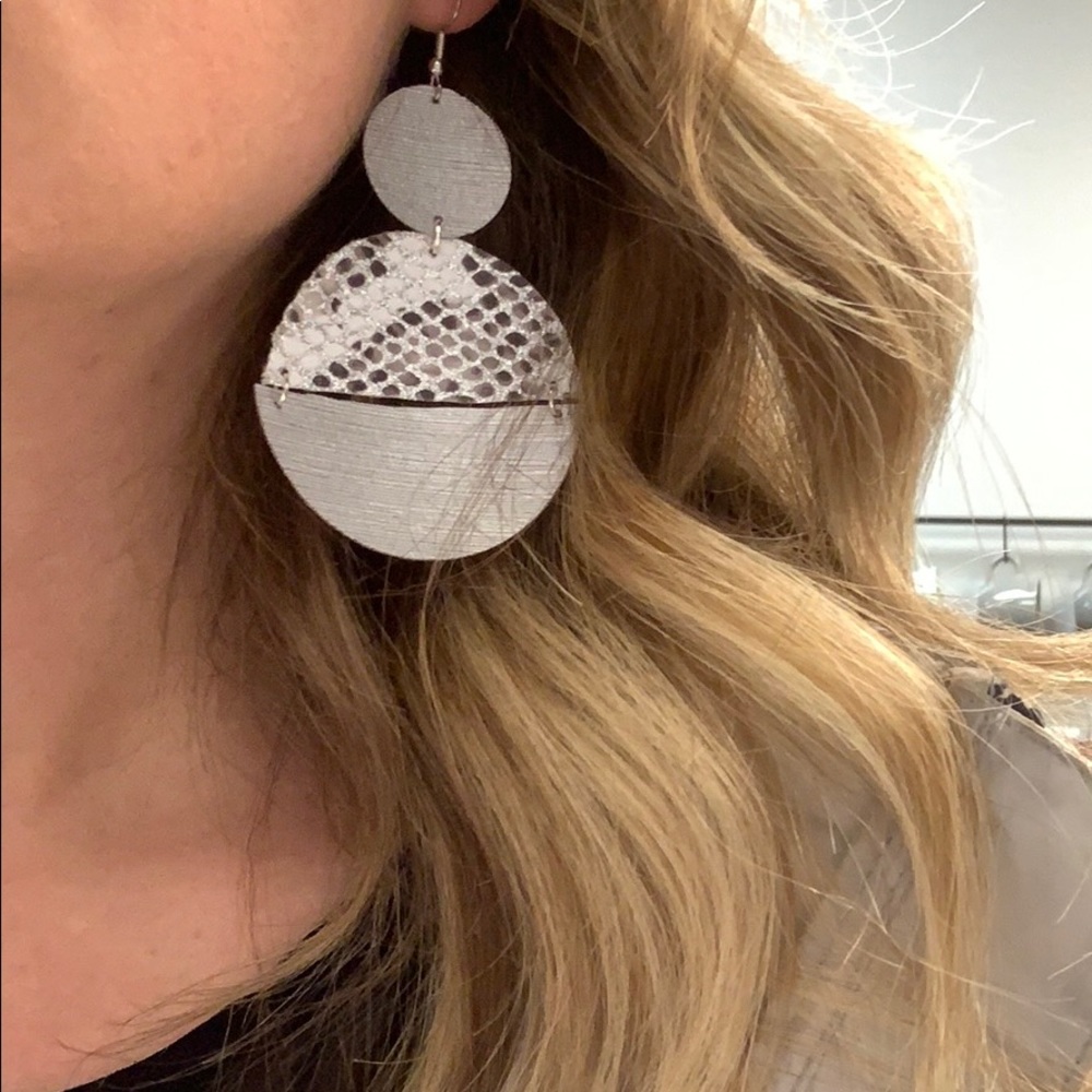 Silver snake circle faux leather earrings